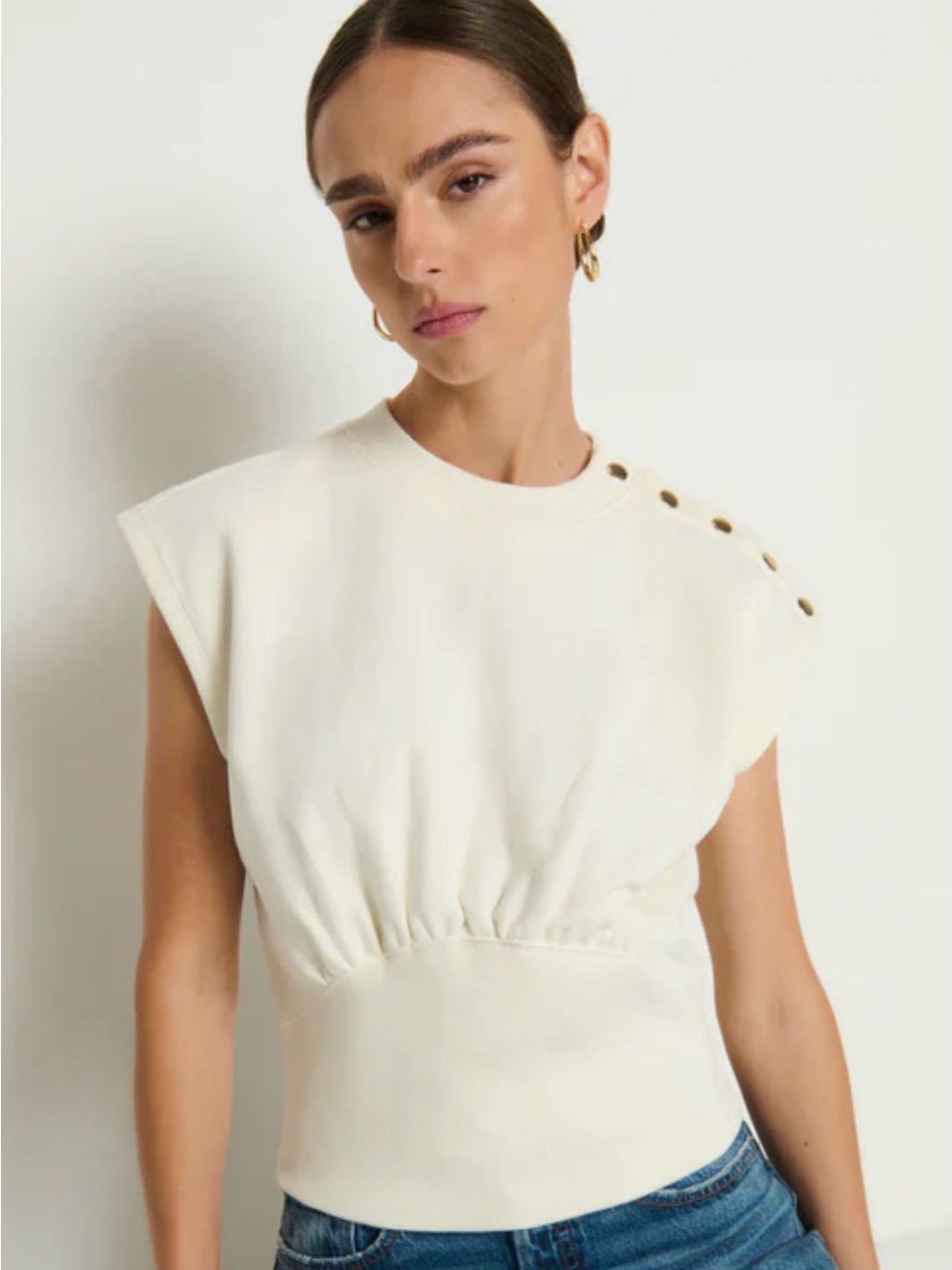 Anthro Nation Los Angeles Ivory Sleeveless Button-Shoulder Sweat Top Xl